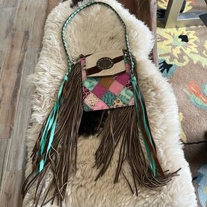 Pink and Brown Floral Crossbody Bag with Fringe